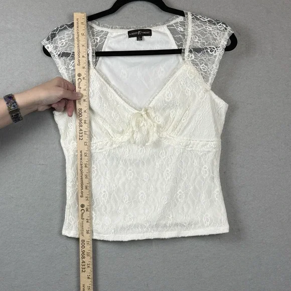 Y2K White Lace Overlay Babydoll Top Sz L Dainty Feminine Coquette Soft Girl - Picture 3 of 6